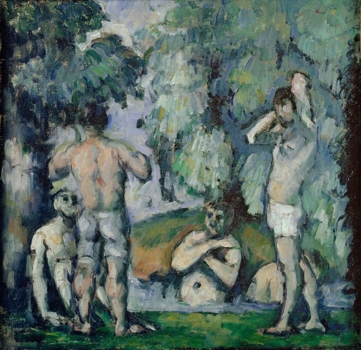 Paul Cézanne, Les cinq baigneurs (Körperpflege,Bad Im Freien,Bad,Gruppenbild,Landschaft,Mann,Freizeit,Impressionismus,Akt,Rückenakt,Französische Kunst,Badehose,Jahrhundertwende)