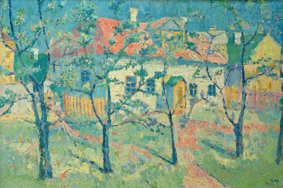 Kasimir Malewitsch, Der Frühling (Baumblüte,Haus,Jahreszeiten,Kunst,Landschaft,Wohnhaus (Allgemein),Obstgarten,Impressionismus,Frühling,Baum,Russische Kunst,Ukrainische Kunst,Jahrhundertwende,Obstbaum,Garten)