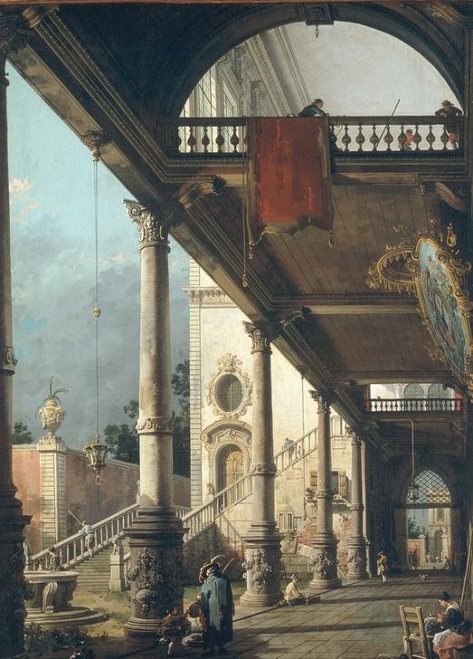 Giovanni Antonio Canaletto, Capriccio mit Kolonnade und Innenhof (Capriccio, Innenhof, Säulen, Säulengang, Gesellschaft, Architektur, Wunschgröße, Malerei, Italien, Klassiker, Wohnzimmer, bunt)