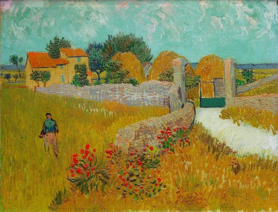 Vincent van Gogh, Un Mas de Provence (Bauer (Landwirt),Bauernhaus,Haus,Kunst,Landschaft,Mann,Impressionismus,Wiese,Architekturdarstellung,Niederländische Kunst,Holländische Kunst,Heuschober,Blume,Postimpressionismus,Landwirtschaft)