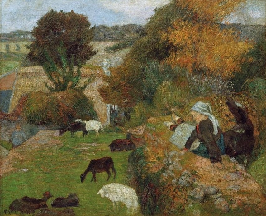 Paul Gauguin, Bretonische Schäferin (Landschaft,Schafzucht,Volkskunde,Weide,Schaf,Französische Kunst,Frauenleben,Schäferin,Synthetismus,Schule Von Pont-Aven,Landwirtschaft,Viehzucht,Schäfer)