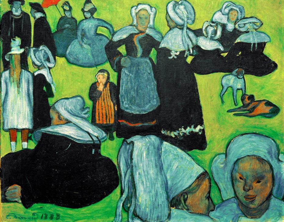 Emile Bernard, Les Bretonnes dans la prairie (Bretonnes au pardon) (Volkskunde, bretonische Frauen, Tracht, Hauben, Landleben, Schule von Pont-Aven,  Malerei, Cloisonismus, Klassische Moderne,  Wohnzimmer, Wunschgröße, bunt)