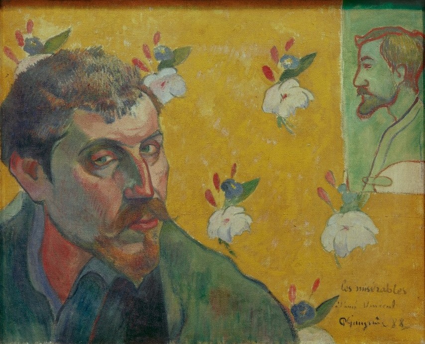 Paul Gauguin, Selbstbildnis mit dem Porträt Bernards, Vincent van Gogh gewidmet (Les Misérables) (Künstler,Maler (Künstler),Mann,Tapete,Bart,Selbstbildnis,Schnurrbart,Bild Im Bild,Portrait,Französische Kunst,Zwirbelbart,Kinnbart,Synthetismus,Blick Aus Dem Bild,Brustbild,Gemustert,Schule Von Pont-Aven,Person)