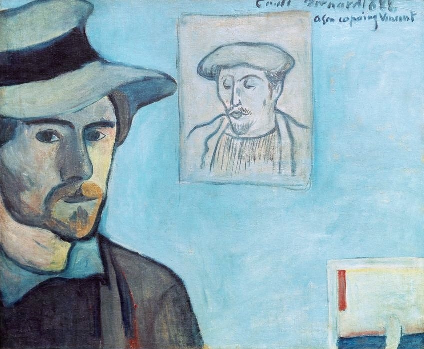 Emile Bernard, Selbstbildnis, Vincent van Gogh gewidmet (Portrait, Selbstportrait, Hommage, van Gogh, Malerei, Cloisonismus, Klassische Moderne,  Wohnzimmer, Wunschgröße, bunt)