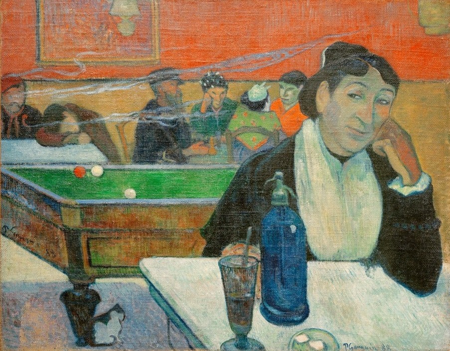 Paul Gauguin, Un Café de nuit (Billard,Gesellschaftliches Leben,Gesellschaft,Nachtleben,Prostitution,Spiel,Gastwirt,Nachtlokal,Prostituierte,Betrunken,Französische Kunst,Frauenleben,Halbwelt,Synthetismus,Kopf Stützen,Billardtisch,Billardkugel,Gastwirtin,Schlafen (Schlaf),Land Und Leute)