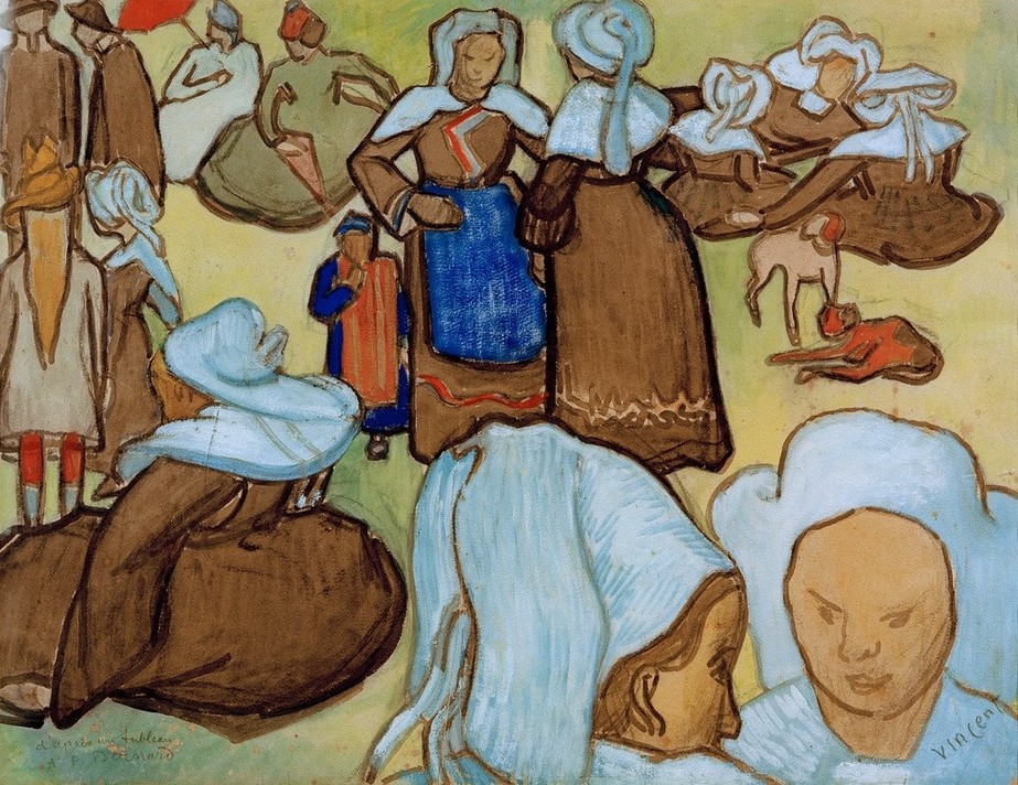 Vincent van Gogh, Bretonische Frauen auf der Wiese (Frau,Gesellschaftliches Leben,Katze (Tier),Kind,Tracht,Volkskunde,Impressionismus,Hund,Wiese,Haube,Französische Kunst,Niederländische Kunst,Im Freien (Allgemein),Haustier,Frauenleben,Schwätzchen,Unterhaltung (Gespräch))