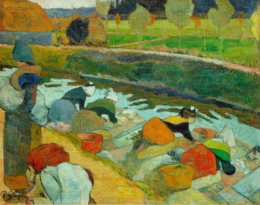 Paul Gauguin, Wäscherinnen am Roubinedu-Roi-Kanal (Arbeit,Frau,Gewässer,Hausarbeit,Kanal,Mensch,Volkskunde,Französische Kunst,Wäsche,Frauenleben,Waschtag,Synthetismus,Land Und Leute,Wäscherin)