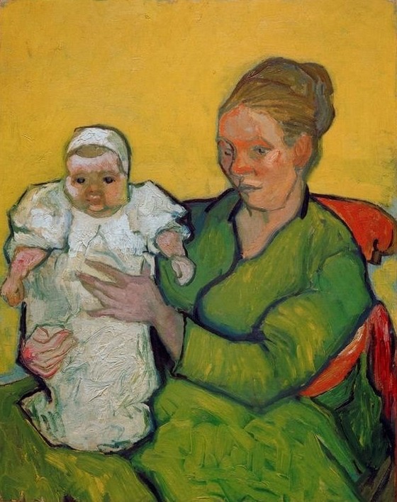 Vincent van Gogh, Madame Roulin mit ihrem Kind Marcelle (Baby,Familie,Frau,Kind,Mädchen,Mensch,Mutter Und Kind,Impressionismus,Portrait,Mutter,Niederländische Kunst,Sitzen,Doppelportrait)