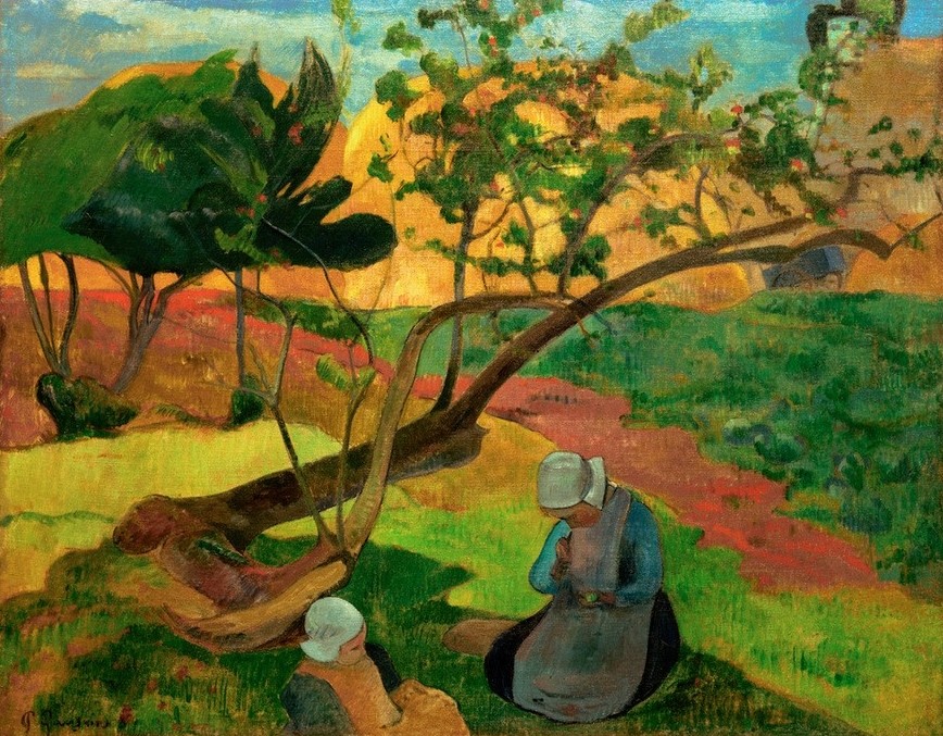 Paul Gauguin, Landschaft mit zwei bretonischen Frauen (Frau,Kunst,Landschaft,Rast,Tracht,Volkskunde,Haube,Französische Kunst,Synthetismus,Schule Von Pont-Aven)