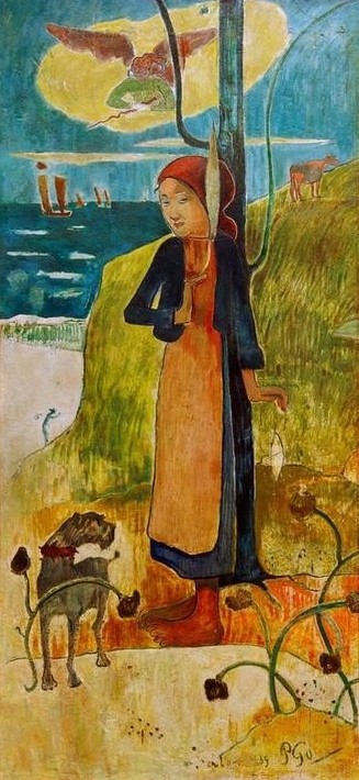 Paul Gauguin, Bretonisches Mädchen beim Spinnen (Johanna von Orléans) (Handarbeit,Küste,Landschaft,Mädchen,Spinnen,Volkskunde,Hund,Allegorie,Baum,Französische Kunst,Haustier,Frau Und Tier,Junge Frau,Synthetismus,Schule Von Pont-Aven,Kopftuch)