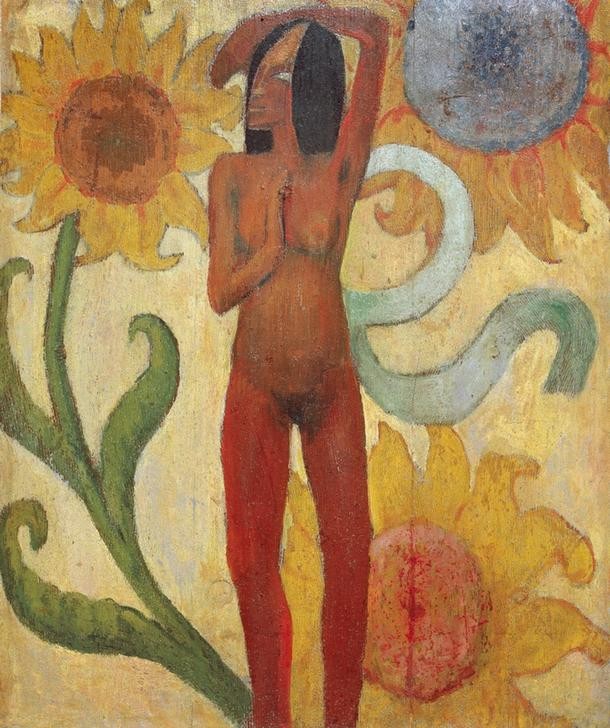 Paul Gauguin, Nackte Frauenfigur mit Sonnenblumen (od. Karibische Frau) (Botanik,Frau,Sonnenblume,Völkerkunde,Akt,Französische Kunst,Pose,Exotik,Blume,Junge Frau,Synthetismus)