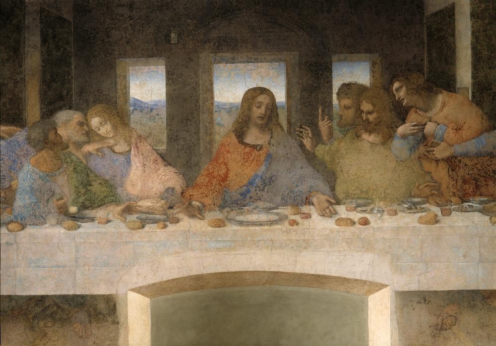 Leonardo da Vinci, Das Abendmahl (Abendmahl (Letztes),Christentum,Essen Und Trinken,Religion,Tafelsitten,Renaissance,Trinken,Neues Testament,Bibel,Jünger,Italienische Kunst,Passion Christi,Zentralperspektive,Gedeckter Tisch,Refektorium,Nach Der Restaurierung,Essen (Nahrung))