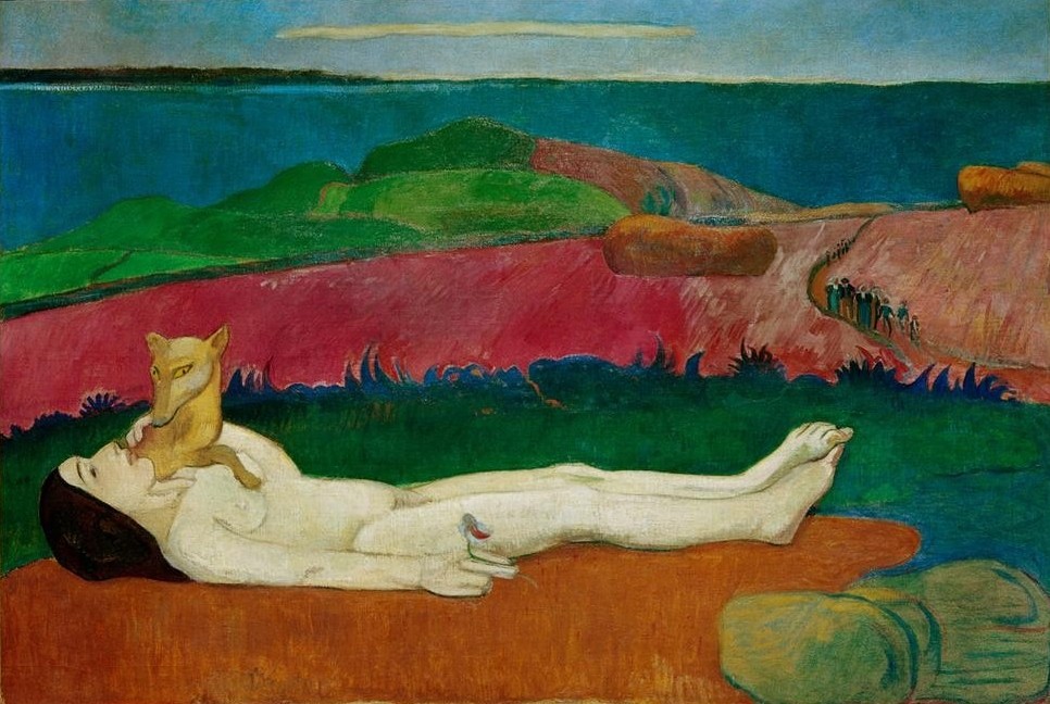 Paul Gauguin, La Perte du pucelage (Frau,Fuchs,Jahreszeiten,Landschaft,Zoologie,Unschuld,Symbolismus,Frühling,Akt,Defloration,Französische Kunst,Sexualität,Frau Und Tier,Liegen,Synthetismus,Symbolik)