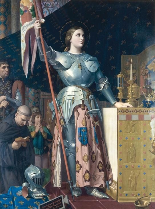 JEAN-AUGUSTE-DOMINIQUE INGRES, Jeanne d’Arc bei der Krönung Karls VII. (Nationalheldin,Frau,Geschichte,Heilige,Katholische Kirche,Krönung,Militär,Rüstung (Schutzkleidung),Mission,Klassizismus,Heldin,Portrait,Hundertjähriger Krieg,Französische Kunst,Heiligenschein,Glaube,Jungverstorbene,Ketzerin,Person)