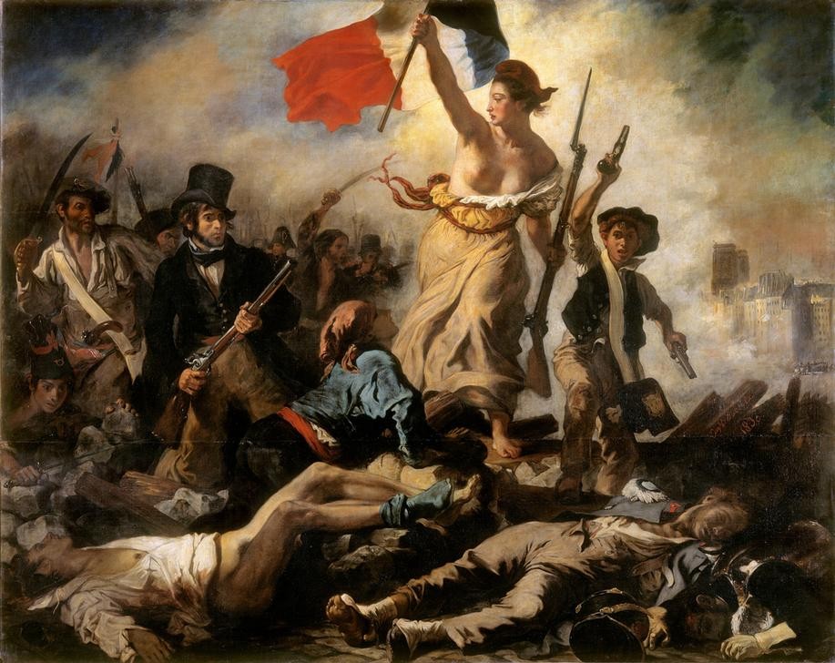 Eugene Delacroix, Die Freiheit führt das Volk (Frau,Gewehr,Geschichte,Künstler,Maler (Künstler),Republik,Schwert,Waffe,Freiheit,Revolution (Allgemein),Selbstbildnis,Busen,Pistole,Allegorie,Aufstand,Portrait,Kind Im Krieg,Französische Kunst,Trikolore,Julirevolution (1830),Fahne)