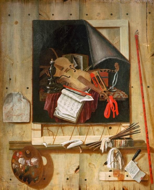 Cornelis Norbertus Gysbrechts, Trompel’Oeil mit Atelierwand und Vanitasstillleben (Atelier,Brief,Kunst,Tabak,Genussmittel,Pfeife (Tabak),Rauchen,Barock,Bild Im Bild,Stillleben,Vanitas,Palette,Trompe L'oeil,Niederländische Kunst,Pinsel)