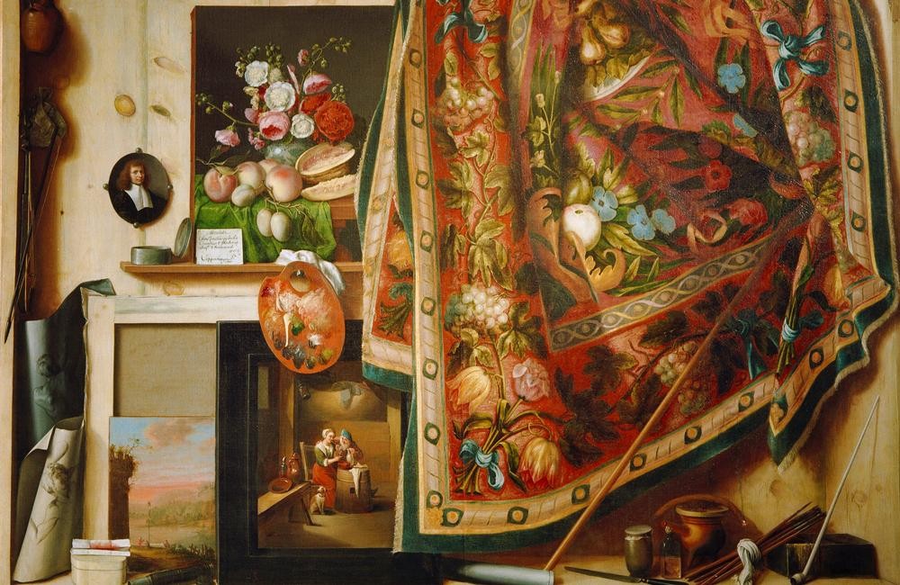 Cornelis Norbertus Gysbrechts, Trompe l’oeil mit Malutensilien (Atelier,Kunst,Pfeife (Tabak),Barock,Bild Im Bild,Stillleben,Palette,Trompe L'oeil,Niederländische Kunst,Pinsel,Skizzenblatt,Tuch)