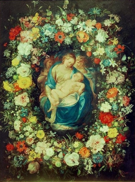 Jan Brueghel der Ältere, Blumenkranz mit Jungfrau, Kind und zwei Engeln (Christentum,Engel,Kunst,Religion,Blumenkranz,Barock,Maria Mit Kind,Neues Testament,Bibel,Stillleben,Italienische Kunst,Niederländische Kunst,Jesusknabe,Girlande,Blume,Kranz)