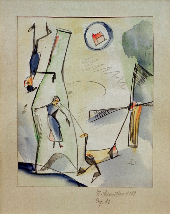 Kurt Schwitters, Aq. 11 (Bild-Frau-Gans) (Dadaismus,Deutsche Kunst,Frau,Mann,Mühle,Windmühle,Gans (Zoologie),Flasche)