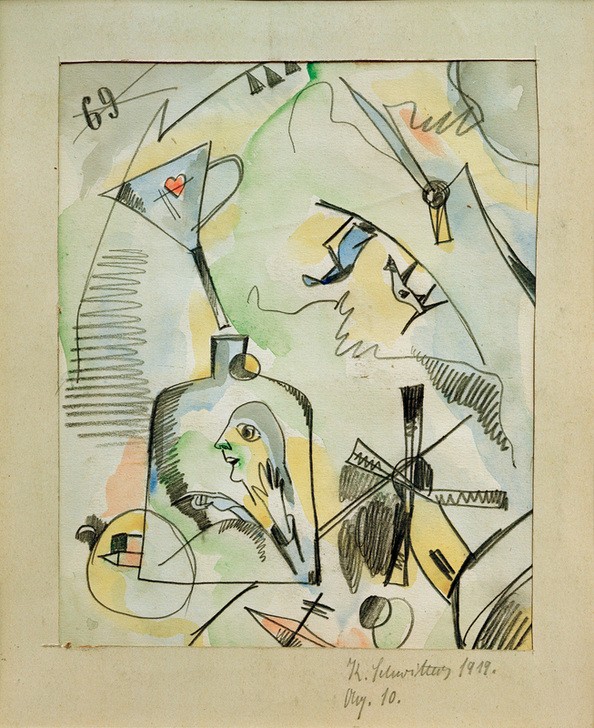 Kurt Schwitters, Aq. 10 (Ich mühle, du mühlst, er mühlt) (Dadaismus,Deutsche Kunst,Frau,Mühle,Windmühle,Flasche,Trichter)