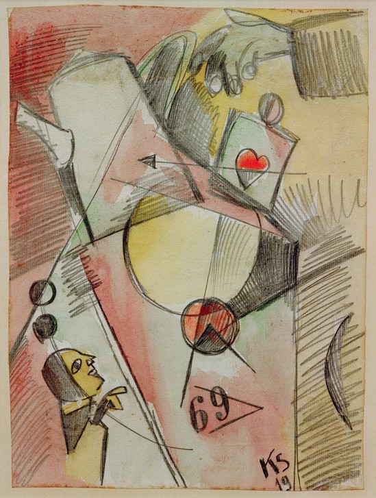Kurt Schwitters, N Aquarell 1. (Das Herz geht vom Zucker zum Kaffee) (Dadaismus,Deutsche Kunst,Frau,Kanne,Hand,Kaffeekanne,Zuckerdose)