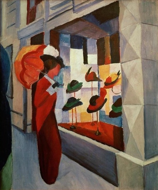 August Macke, Hutladen (Damenhut,Damenmode,Deutsche Kunst,Frau,Handel,Hutmacher,Kopfbedeckung,Kunst,Mädchen,Mensch,Mode,Freizeit,Schaufenster,Stadt,Strassenszene,Handel Und Gewerbe,Modistin,Hut,Expressionismus,Hutgeschäft,Der Blaue Reiter,Sonnenschirm,Einkauf,Kleidung (Allgemein)