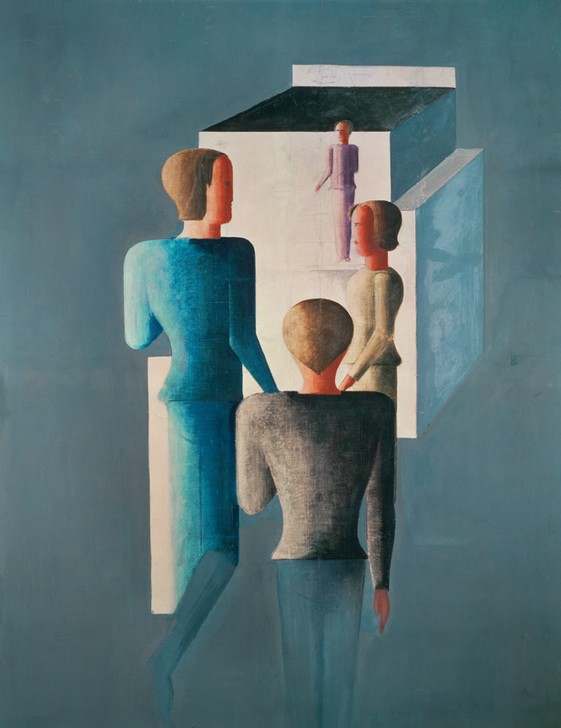 Oskar Schlemmer, Vier Figuren und Kubus (Bauhaus,Deutsche Kunst,Geometrie,Gruppenbild,Kunst,Mädchen,Expressionismus,Kubus)