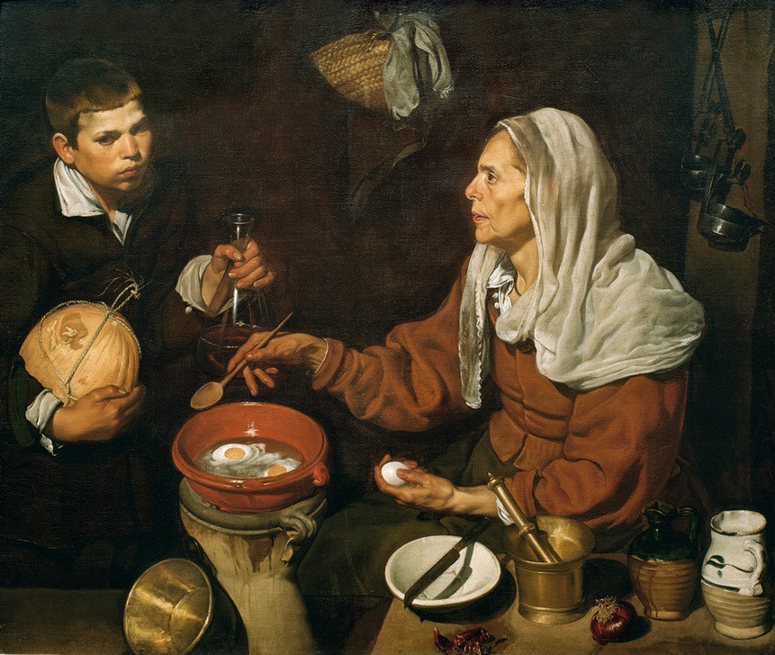 Diego Rodriguez de Silva y Velasquez, Die Köchin (Frau,Früchte,Geräte,Handwerk Und Gewerbe,Hausarbeit,Koch,Küche,Obst,Barock,Nahrungsmittel,Portrait,Mörser (Gefäss),Kochen,Ei,Caravaggisten,Spanische Kunst,Genre,Physiognomik,Braten,Köchin,Jugend Und Alter,Knabe,Alltagskultur,Küchenjunge,Profil,Alte Frau,S)