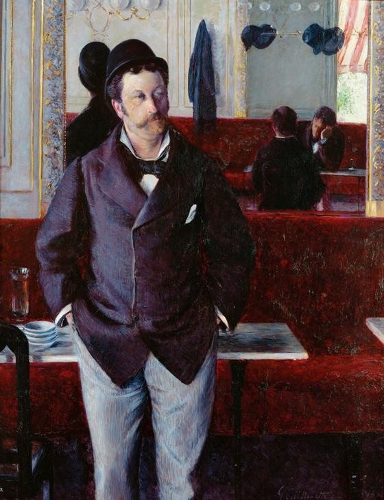 Gustave Caillebotte, Dans un Café (Gastronomie,Herrenmode,Kopfbedeckung,Kunst,Mann,Mensch,Mode,Impressionismus,Portrait,Französische Kunst,Spiegelbild,Cafe,Hände In Den Hosentaschen,Kleidung (Allgemein),Wandspiegel,Kniestück)