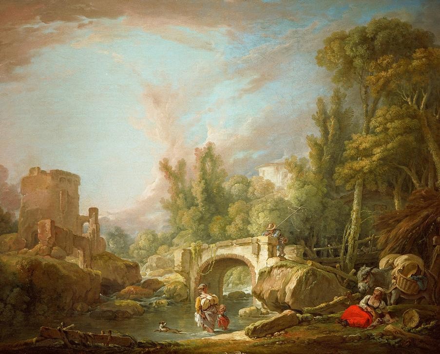 Francois Boucher, Flußlandschaft mit Ruine und Brücke (Brücke,Kunst,Landschaft,Rast,Ruine,Stein,Fluss,Rokoko,Esel,Reise,Lasttier,Felsen,Fussreise,Französische Kunst,Bach,Ruinenlandschaft,Waten,Rock Raffen)