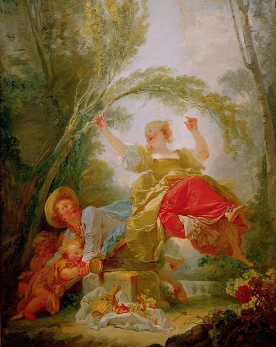 Jean-Honoré Fragonard, Die Wippe (Erotik, junge Frau, Spiel, Wippe, Liebespaar, Putten  Jüngling, Fetes Galantes, Schaukel, Picknick, Treppenhaus, Wohnzimmer, Rokoko, Klassiker, Wunschgröße, Malerei, bunt)