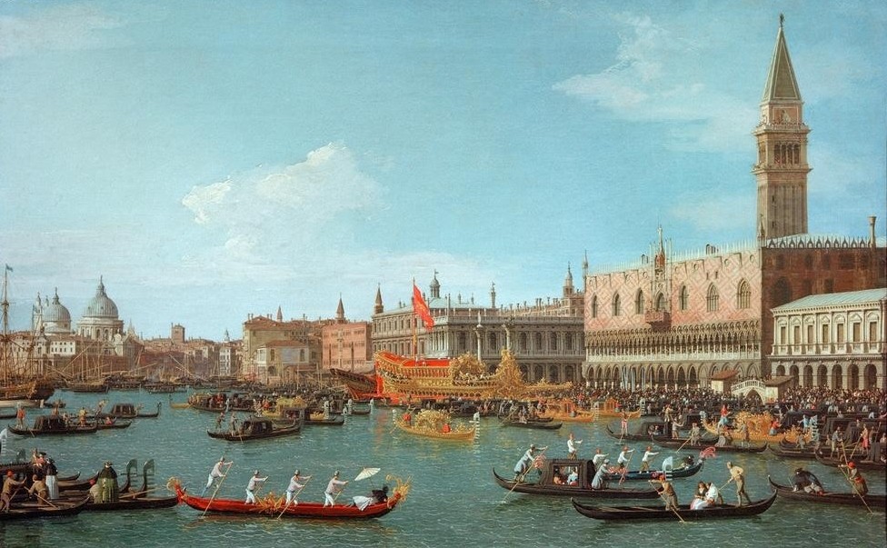 Giovanni Antonio Canaletto, Il Bucintoro (Das Bucintoro-Fest) (Städte, Venedig, Vedute, Architektur, Campanile, Lagune, Gondeln, Dogenpalast, Goldene Barke, Staatsschiff, Bucintoro, Doge, Barock, Klassiker, Wunschgröße, Wohnzimmer)