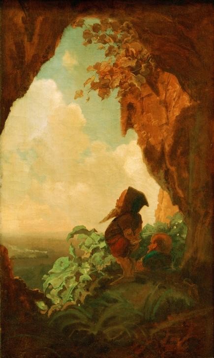 Carl Spitzweg, Bergmännchen, oder die erste Eisenbahn (Deutsche Kunst,Eisenbahn,Mythologie,Verkehr,Zwerg,Technik,Fortschritt,Beobachten,Gegensatz)