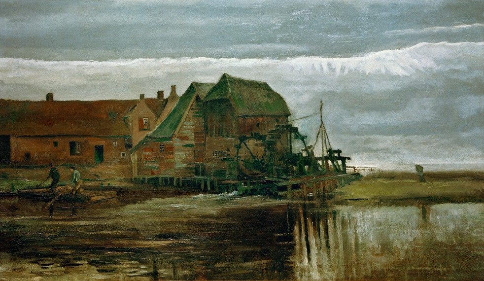 Vincent van Gogh, Wassermühle bei Gennep (Bauernhaus,Landschaft,Mühle,Wasser,Wassermühle,Winter,Impressionismus,Fluss,Technik,Wasserkraft,Architekturdarstellung,Energieversorgung,Niederländische Kunst)