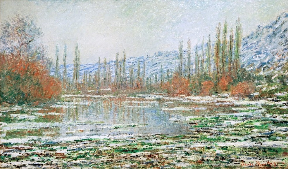 Claude Monet, Tauwetter in Vétheuil (Jahreszeiten,Kunst,Landschaft,Meteorologie,Wetter,Impressionismus,Fluss,Französische Kunst,Eisscholle,Kälte,Tauwetter,Vorfrühling)