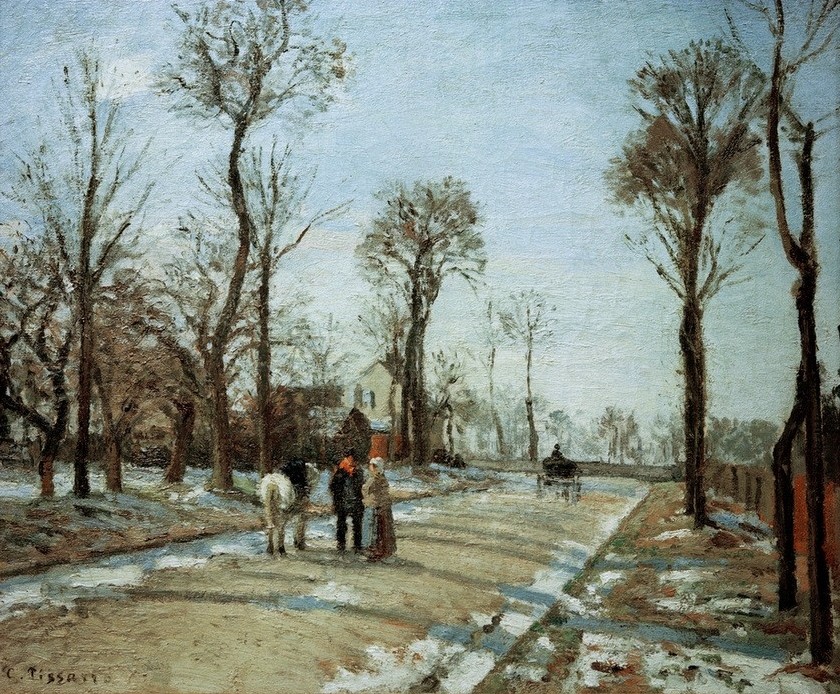 Camille Pissarro, Die Route de Versailles in Louveciennes in der Wintersonne mit Schnee (Jahreszeiten,Kunst,Landstrasse,Landschaft,Strasse (Allgemein),Winter,Impressionismus,Schnee,Schatten,Baum,Französische Kunst,Harmonie,Landleben,Schneeschmelze,Sonnenschein,Schwätzchen)