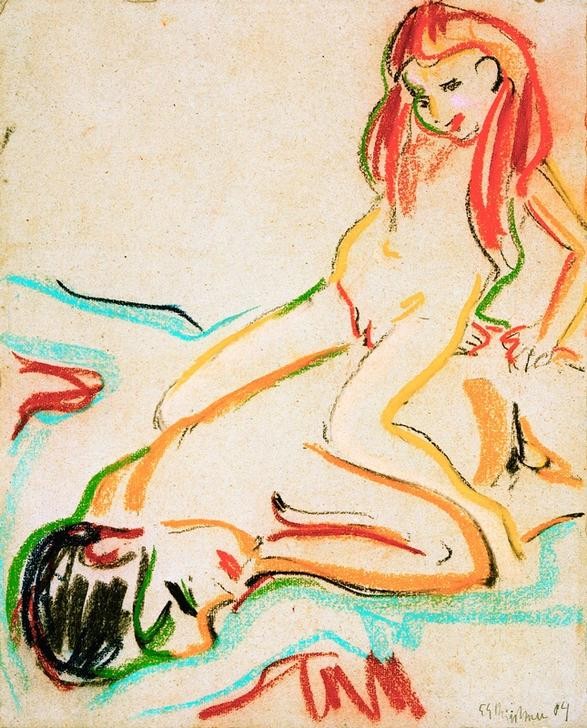 Ernst Ludwig Kirchner, Liegender nackter Mann mit Kind auf dem Rücken (Deutsche Kunst,Kinderspiel,Kind,Kunst,Mädchen,Mann,Mensch,Spiel,Akt,Expressionismus,Die Brücke,Nacktheit,Rücken,Kinderleben,Sitzen,Liegen,Auf Dem Rücken Reiten)