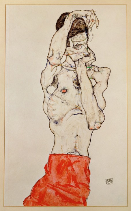 Egon Schiele, Stehender männlicher Akt mit rotem Lendentuch (Jugendstil,Kunst,Mann,Selbstbildnis,Akt,Expressionismus,Österreichische Kunst,Halbakt)