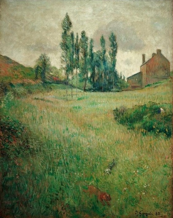 Paul Gauguin, Hunde auf einer Wiese (Botanik,Haus,Kunst,Landschaft,Schornstein,Impressionismus,Hund,Wiese,Gras,Französische Kunst,Pappel,Grün)