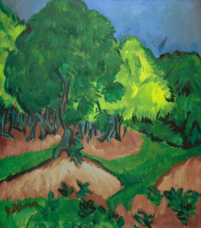 Ernst Ludwig Kirchner, Landschaft mit Kastanienbaum (Botanik,Deutsche Kunst,Jahreszeiten,Kastanie,Kunst,Landschaft,Sommer,Baum,Expressionismus,Die Brücke,Grün,Kastanienbaum,Farbe)