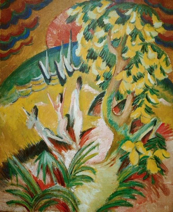 Ernst Ludwig Kirchner, Runde Bucht (Bad Im Freien,Bad,Botanik,Deutsche Kunst,Freikörperkultur,Jahreszeiten,Küste,Kunst,Landschaft,Mensch,Freizeit,Seebad,Sommer,Urlaub,Meer,Expressionismus,Die Brücke,Im Freien (Allgemein),Nacktheit,Harmonie,Lebensfreude,Bucht,Gefühl (Stimmung),Naturverbunden)