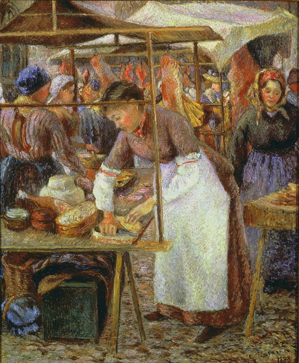 Camille Pissarro, Die Fleischerin (Arbeit,Beruf,Fleischer,Frau Und Beruf,Frau,Handel,Handwerk Und Gewerbe,Kunst,Mädchen,Markt,Verkäuferin,Impressionismus,Nahrungsmittel,Fleisch,Schneiden,Schürze,Französische Kunst,Marktfrau,Verkauf,Frauenarbeit,Marktstand,Junge Frau,Ärmelschoner,Fleischeri)