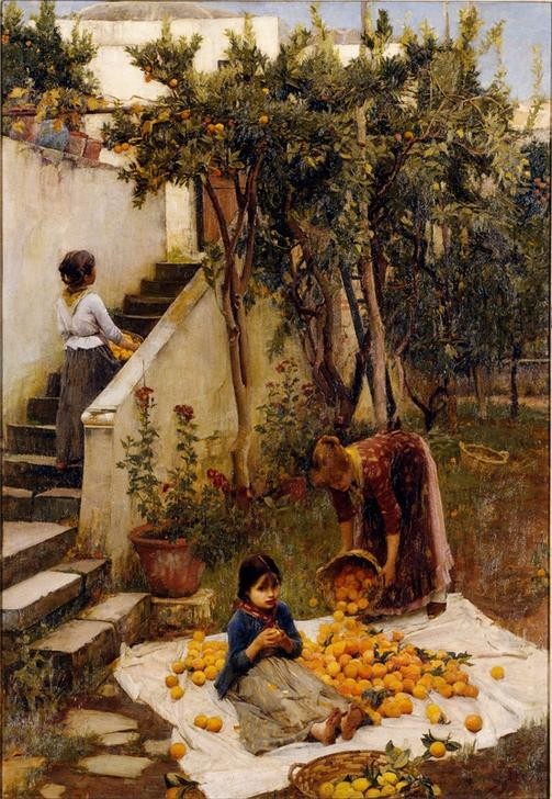 John William Waterhouse, The Orange Gatherers (Dorfkind,Ernte,Frau,Kunst,Obstbau,Obst,Volkskunde,Genre,Englische Kunst,Frauenleben,Frauenarbeit,Obsternte,Apfelsine,Landwirtschaft)