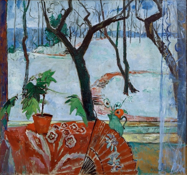 Oskar Moll, Atelierfenster in Breslau mit Schneelandschaft (Deutsche Kunst,Fächer,Fenster,Landschaft,Winter,Schnee,Baum,Interieur,Topfpflanze,Blick Aus Dem Fenster,)