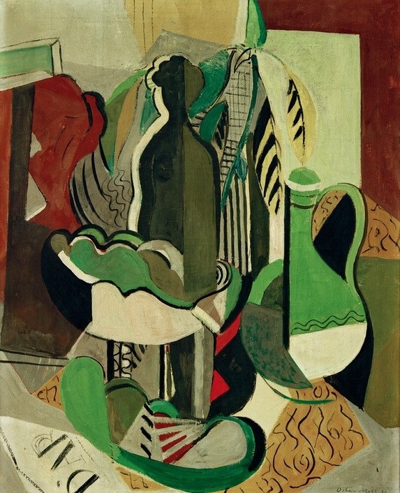 Oskar Moll, Stilleben in Grau: Komposition ‘Gelbes Blatt' (Klassische Moderne, Kubismus, Stillleben, Flasche, Krug, geometrische Formen, Esszimmer, Wohnzimmer, Wunschgröße,)