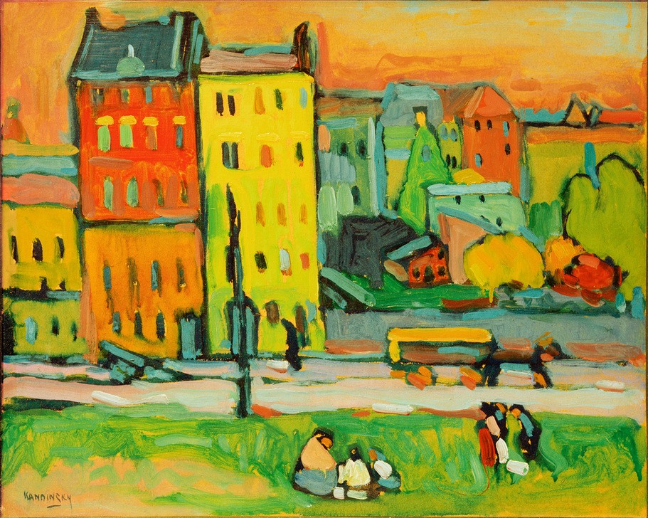 Wassily Kandinsky, Häuser in München (Städte, Stadt, München, Häuser, Sommer, Picknick, Pferdekutsche, Vogelperspektive, Gebäude, Russische Kunst, Expressionismus, Wohnzimmer, Treppenhaus, Wunschgröße, Klassische Moderne, bunt)