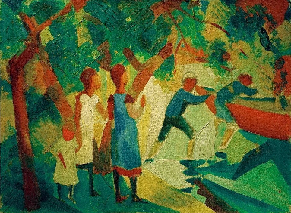 August Macke, Spielende Kinder am Wasser (Deutsche Kunst,Kinderspiel,Kind,Mensch,Wasser,Expressionismus,Der Blaue Reiter,Im Freien (Allgemein),Kinderleben)