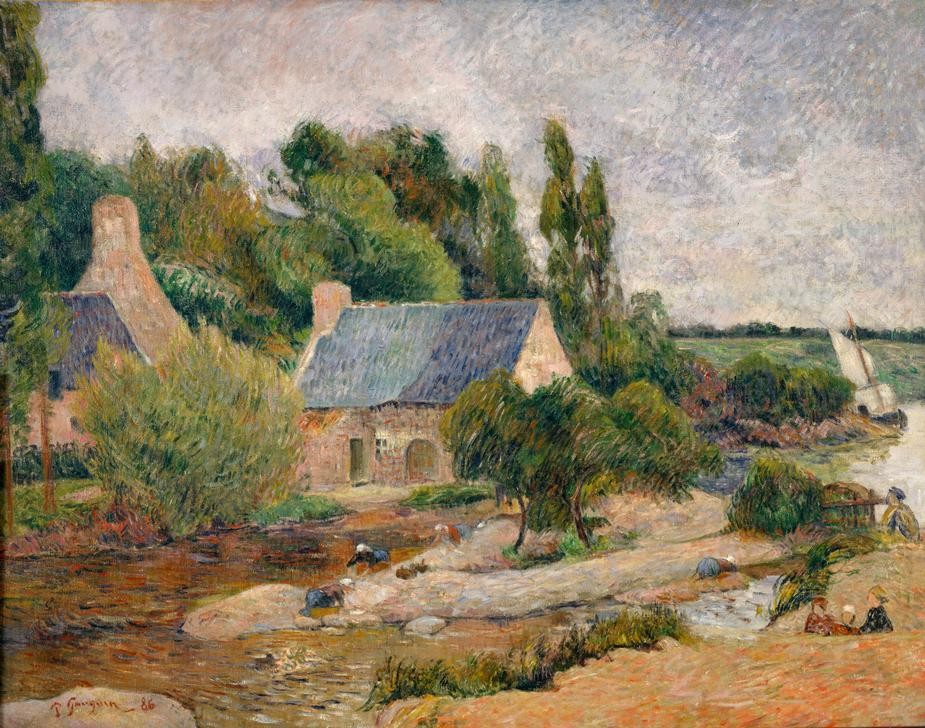 Paul Gauguin, Les lavandières a Pont-Avèn (Dorf,Hausarbeit,Kunst,Landschaft,Impressionismus,Waschen,Französische Kunst,Wäsche,Frauenleben,Synthetismus,Schule Von Pont-Aven,Wäscherin)