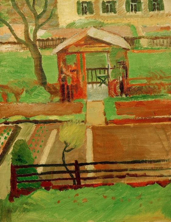 August Macke, Gartenhäuschen in Tegernsee (Deutsche Kunst,Garten Und Park,Kunst,Landschaft,Gemüsegarten,Expressionismus,Hausgarten,Der Blaue Reiter,Gartenhaus,Nutzgarten,Garten)