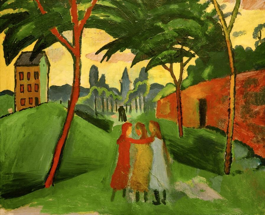 August Macke, Landschaft mit drei Mädchen (Deutsche Kunst,Freundschaft (Allgemein),Jugend (Lebensalter),Landschaft,Mädchen,Freizeit,Spaziergang,Tageszeiten,Abend,Expressionismus,Reise,Der Blaue Reiter,Rückenfigur,Jugendfreundschaft,Drei)